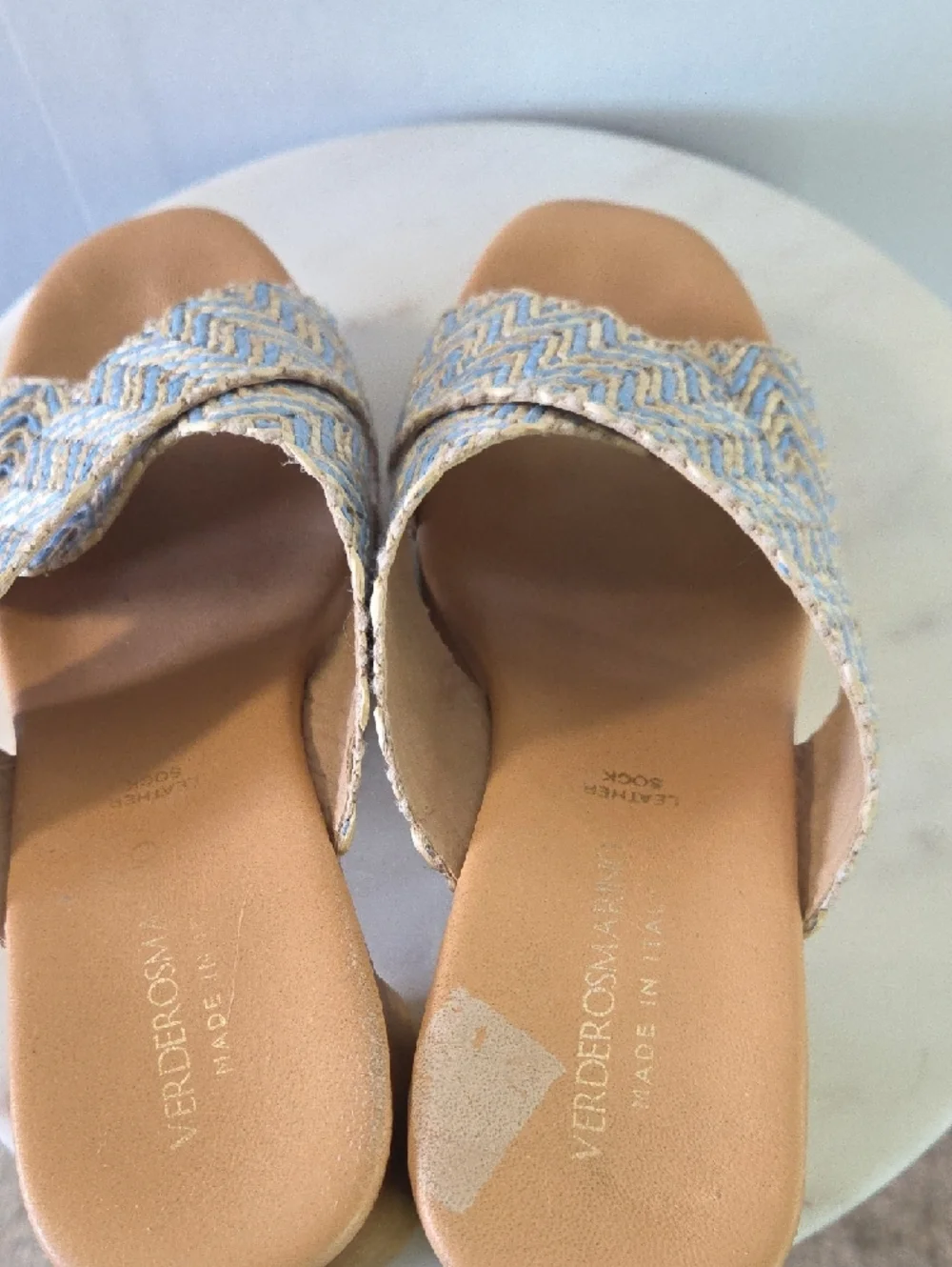 Braided Blue and Tan Platform Slide Heels - Women's Size 39